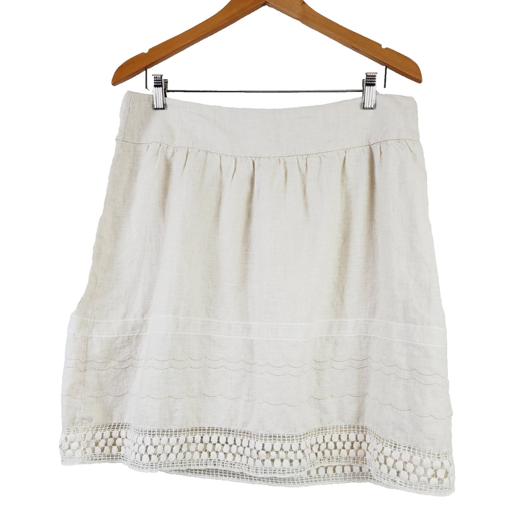 Ann Taylor LOFT Skirt Womens 12 100% LINEN A-Line Lace Trim Boho Beige Neutral